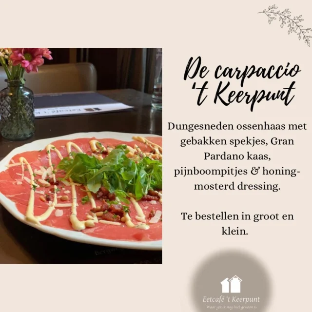 Het voorgerecht waar iedereen wel van houdt: de Carpaccio ‘t Keerpunt! 
Te bestellen in onze heerlijke drie gangen menu’s of à la carte. 
Bestelt u altijd de grote of de kleine Carpaccio? 

#tkeerpunt #eetcafétkeerpunt #carpaccio #voorgerecht #driegangenmenu