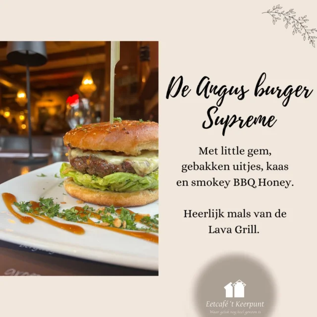 De heerlijke malse Angus burger Supreme. De heerlijke burger is los te bestellen. Omhult met een knapperig broodje blijven ze het lekkerst! Vind u ook niet?

#tkeerpunt #eetcafetkeerpunt #burger #Angusburger