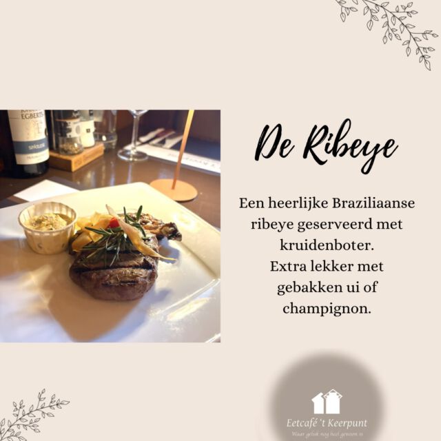 De ribeye🥩

Een heerlijk mals stukje vlees geserveerd met kruidenboter.

#genieten #heerlijk #eetcafekeerpunt