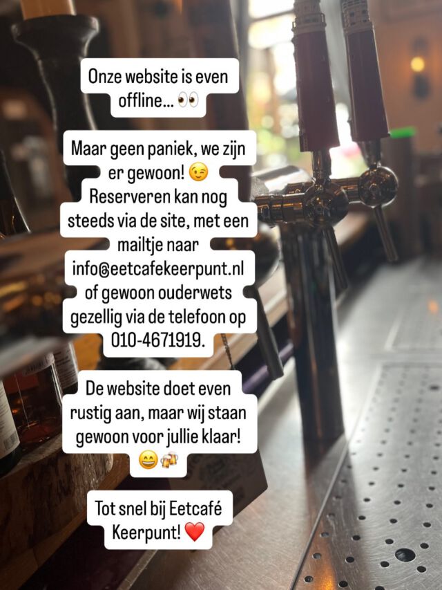 Onze website neemt even een kleine pauze 😜💻 Maar reserveren kan natuurlijk gewoon nog!

📞 010-4671919
📩 info@eetcafekeerpunt.nl. #rotterdamnoord#uiteten#